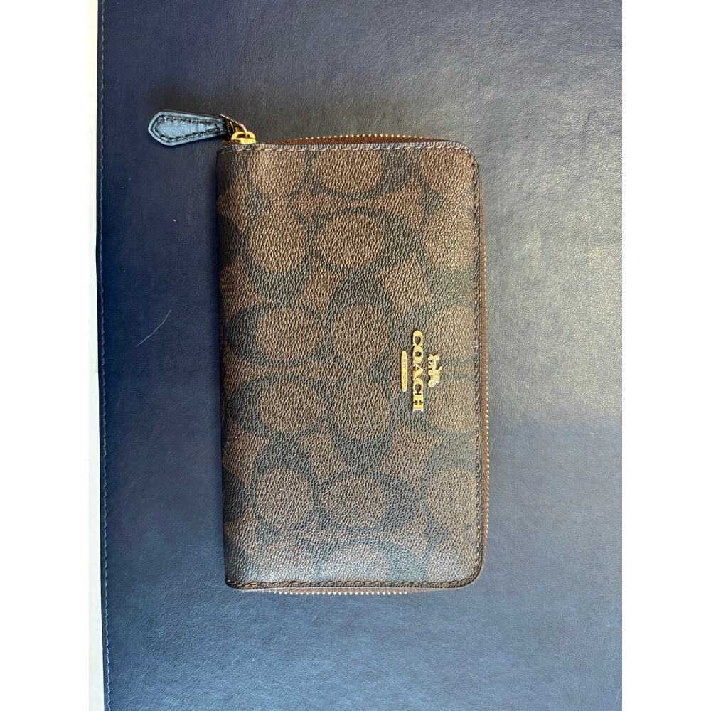 NWT Coach Signature Zip Around Wallet Brown Black Canvas Leather F88913 Gold - Picture 2 of 10